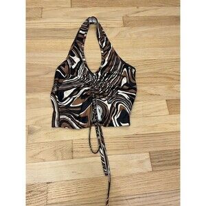 Shein Brown Drawstring Front Backless Halter‎ Top Size S Y2K